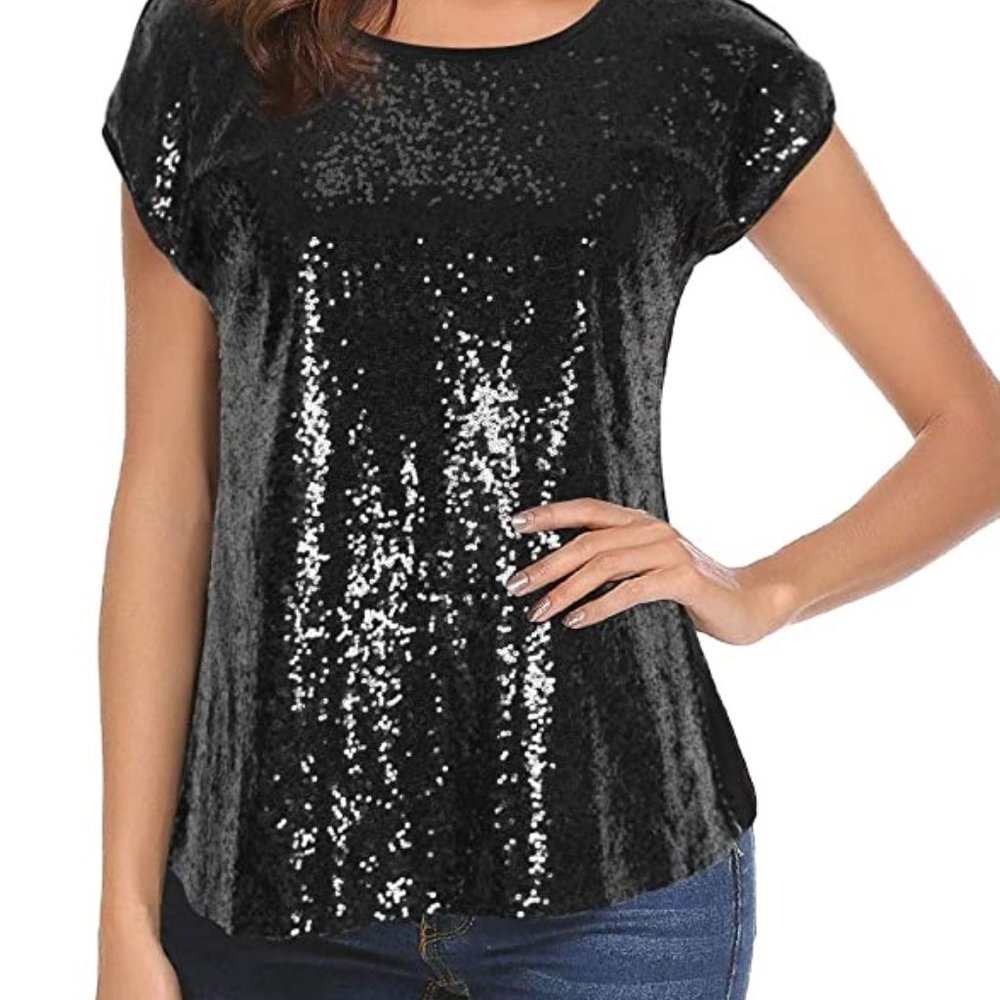 Women Sequin Tops Glitter Shimmer Tunic Loose Bat Sleeve Sparkle T-Shirt Blouses